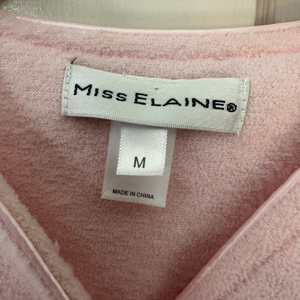 Miss Elaine Fleece Robe Housecoat Snap Front Pink Rose Embroidered Pockets M - Picture 2 of 6